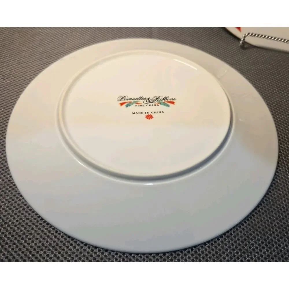Set Of 2 Poinsettia & Ribbons China 10.5 In Dinner Plates